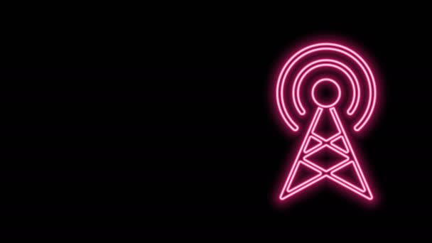 Glowing neon line Antenna icon isolated on black background. Radio antenna wireless. Technology and network signal radio antenna. 4K Video motion graphic animation - Footage, Video