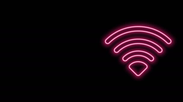 Gloeiende neon lijn Wi-Fi draadloos internet netwerk symbool pictogram geïsoleerd op zwarte achtergrond. 4K Video motion grafische animatie - Video