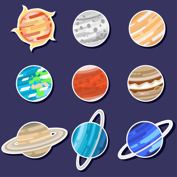 Pianeti del sistema solare impostati. Illustrazione dell'icona vettoriale. Serie di pianeti dei cartoni animati del sistema solare - Vettoriali, immagini