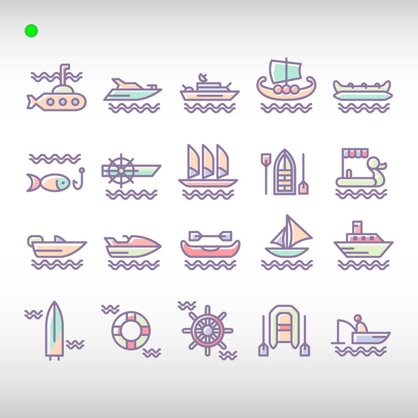 watercraft icon set in flat color style, unique design, expanded stroke, and editable vector with any color or size what you lik - Vector, Image