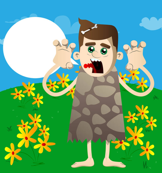 Cartoon Caveman essaie de vous faire peur. Illustration vectorielle d'un homme de l'âge de pierre. - Vecteur, image