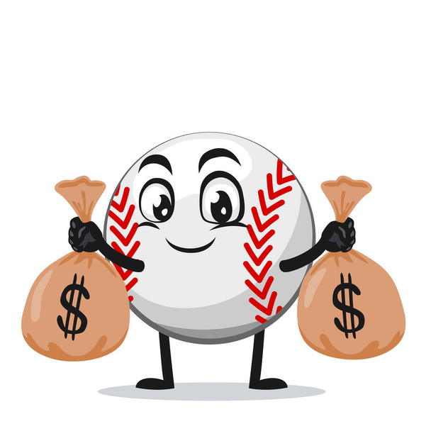 векторная иллюстрация бейсбольного персонажа или талисмана с мешками денег - Вектор,изображение