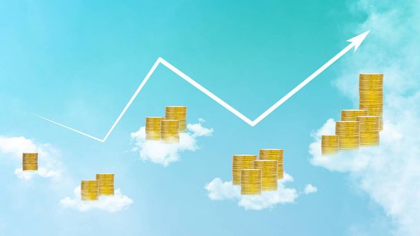 złote monety stosy na chmurze i wykres wskaźników na tle nieba, finansowanie koncepcji wzrostu biznesu  - Zdjęcie, obraz