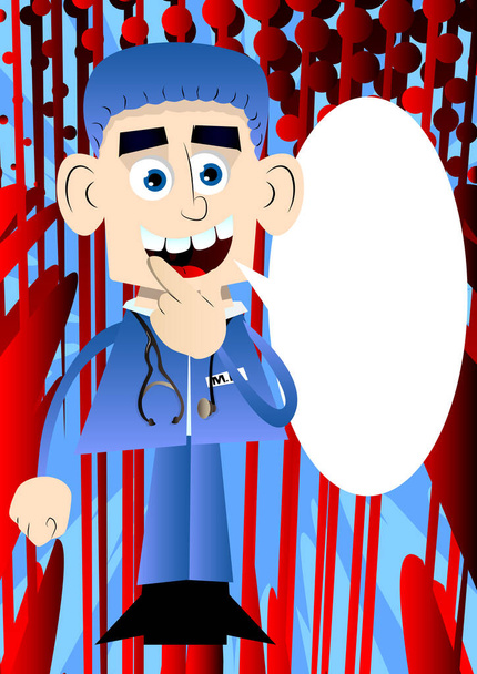 Divertido médico de dibujos animados sosteniendo el dedo delante de su boca. Ilustración vectorial. - Vector, Imagen