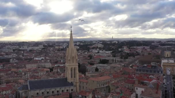 Zeemeeuw achter een drone luchtfoto van Montpellier Saint Anne Church zonsondergang - Video
