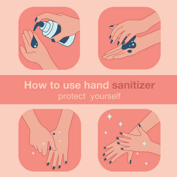 How to use hand sanitizer to clean and disinfect hands. Instruction. Medical infographics. Flat vector. - Vector, Image