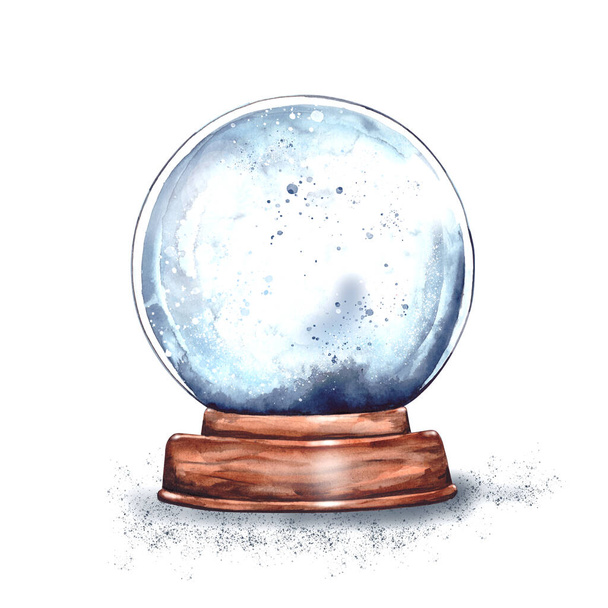 Watercolor illustration: magic Christmas glass snow globe on a wooden stand empty inside.New years surprise, gift from Santa Claus, snow souvenir.isolated on a white background - Fotó, kép