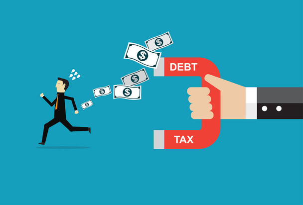 Impuesto y deuda imán atrae el dinero del hombre de negocios - Vector, imagen