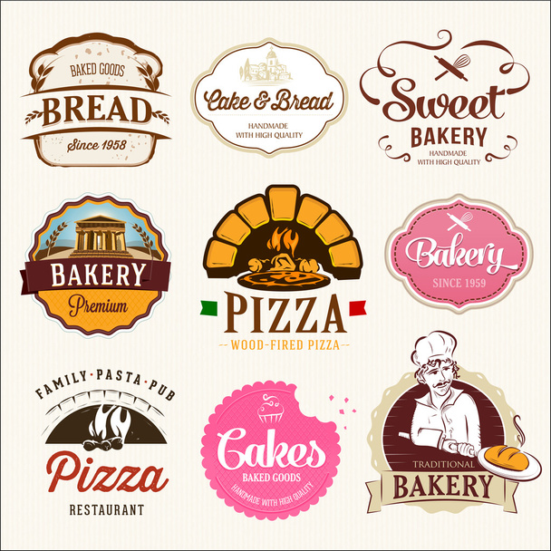 Collection d'insignes et étiquettes de CUISINE, CAKES et PIZZA
 - Vecteur, image