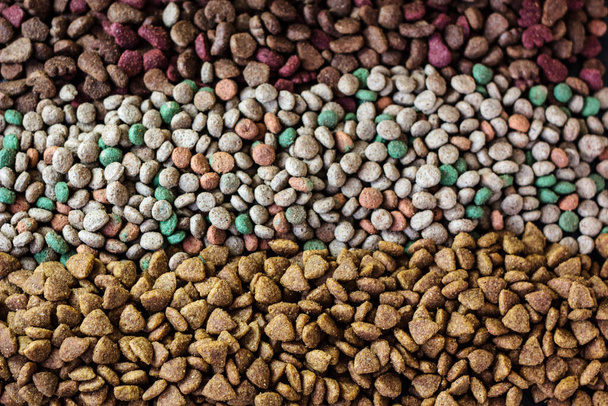 Dry pet food background - three kinds. Meat. - Photo, image