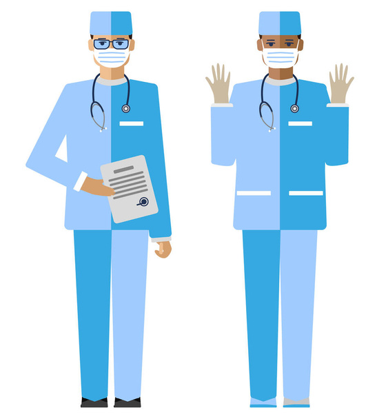 dos hombres médicos de diferentes razas en máscaras protectoras médicas contra el virus covid. ilustración vectorial plana aislada - Vector, Imagen