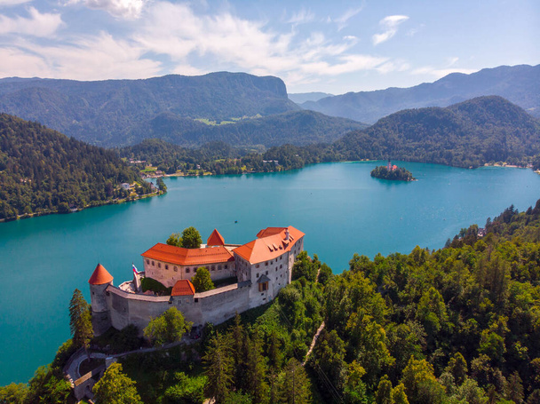 Veduta aerea del lago di Bled in primo piano con il castello con bel tempo soleggiato nelle Alpi Giulie, Parco Nazionale del Triglav in Slovenia - Foto, immagini
