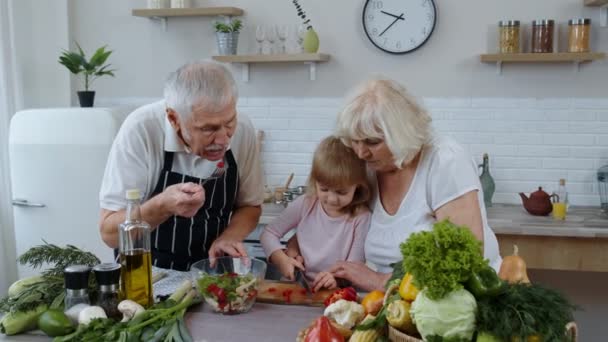 Senior couple in kitchen teaching granddaughter child how to cook, chopping pepper with knife - Footage, Video