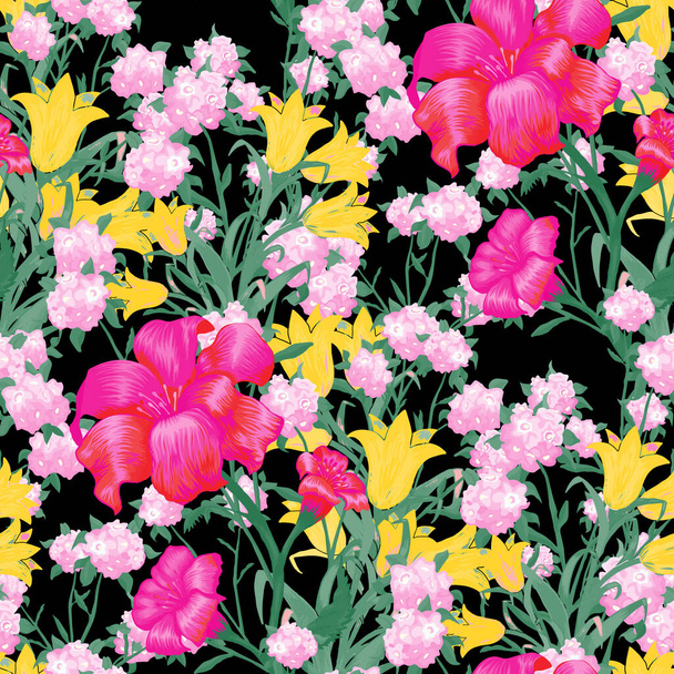 Floral Wallpaper with Big Flowers. Seamless Pattern with Fuchsia, Bluebell and May-lily for Linen Cloth Tablecloth. Vector Seamless Flowers. Colorful Rapport. Modern Pattern. - Vettoriali, immagini