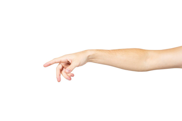 Main masculine tend la main pour quelque chose sur un fond isolé léger. Tendre la main. - Photo, image