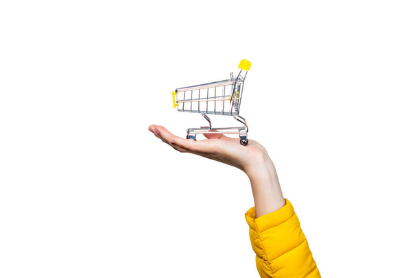 Hand hält Einkaufswagen auf weißem Hintergrund. Konzept Warenkorb kaufen, online einkaufen, einkaufen. - Foto, Bild