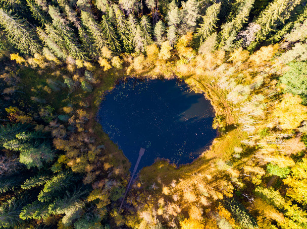 Luchtfoto van het kleine bosmeer Haransilma in Lahti, Finland. De diameter van het meer is ongeveer 50 meter. - Foto, afbeelding