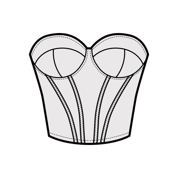 Sujetador corsetry de línea larga Bustier ilustración técnica de moda con copa moldeada, huesos, cierre de gancho y ojo. Plano - Vector, imagen