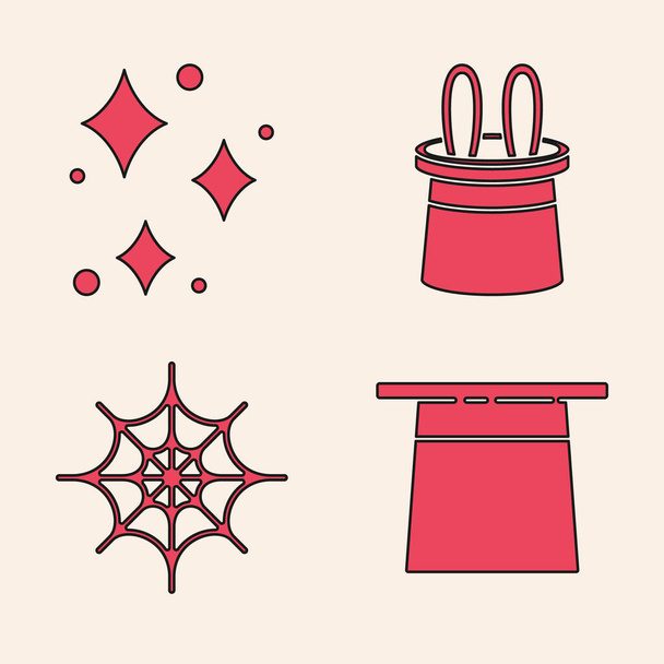 Set Magician hat, Sparkle stars with magical glitter, Magician hat and rabbit ears and Spider web icon. Vector. - Vector, Image