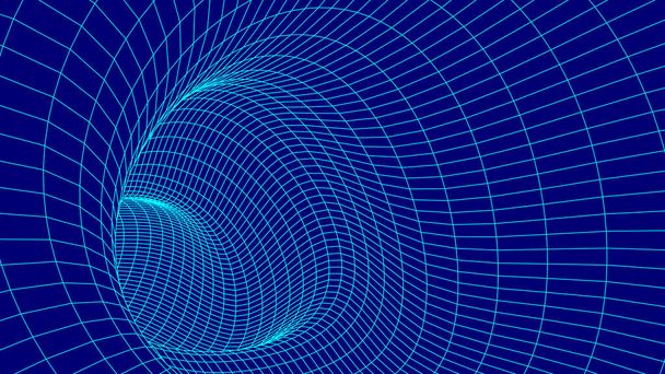 Futuristic blue funnel. Wireframe space travel tunnel. Abstract blue wormhole with surface warp. - Vector, Image