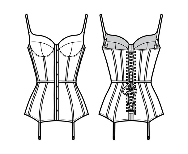 Corselette bustier Marry Widow lingerie technical fashion illustration with molded cup, back laced, attached garters.  - Διάνυσμα, εικόνα