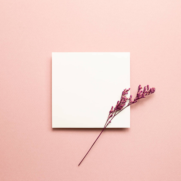 Almohadilla de notas en blanco, papel vacío con flor seca de color azul brumoso sobre fondo rosa. vista superior, espacio de copia - Foto, imagen