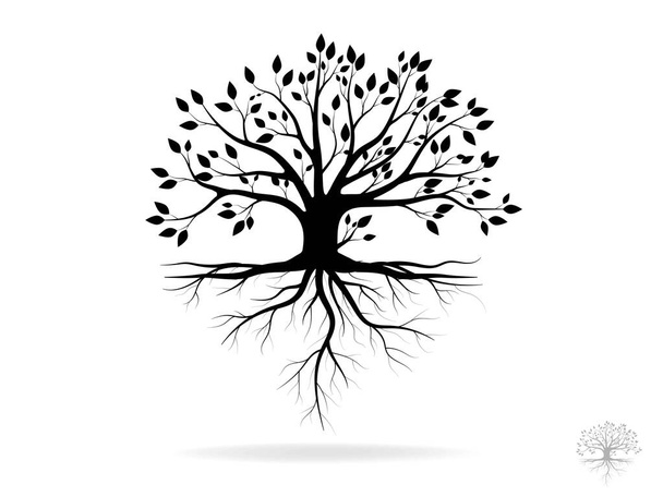 Black Tree and root with green leaves look beautiful. Tree and roots LOGO style. - Вектор,изображение