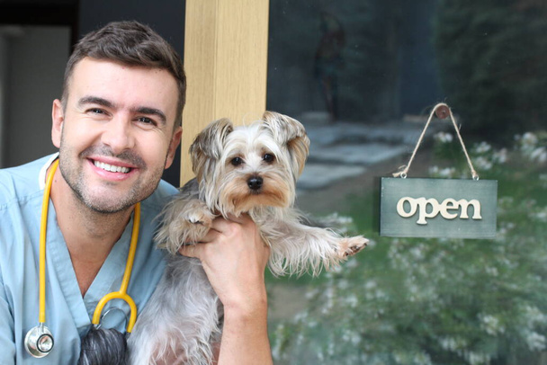 zblízka portrét pohledného mladého veterináře s rozkošným yorkshirským štěňátkem před dveřmi s otevřeným znakem - Fotografie, Obrázek