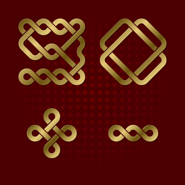 Gold font of twisted strips. Nine, zero isolated golden numbers, plus and minus signs. - Vector, Image
