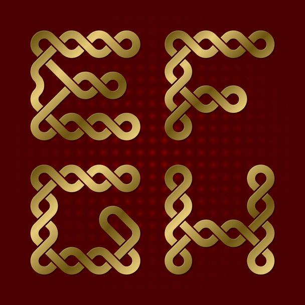 Золотой шрифт из крученых полос. E, F, G, H изолированные золотые буквы. - Вектор,изображение