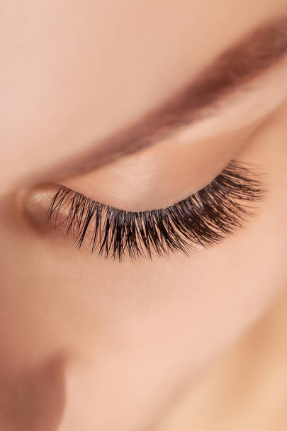 Eyelash Extension Procedure. Woman Eye with Long Eyelashes. Close up, selective focus. - Photo, Image