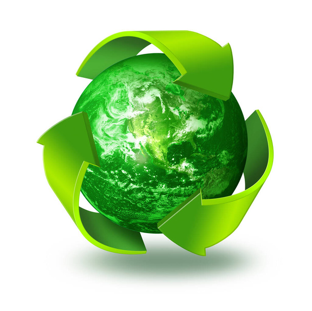 Símbolo de tres flechas alrededor del planeta verde Tierra, concepto de reciclaje 3d, aislado sobre fondo blanco - Foto, imagen