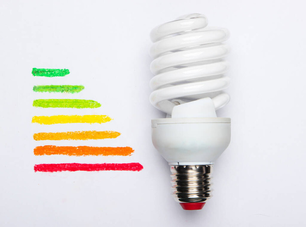 Classe di efficienza energetica con lampadina a risparmio energetico su fondo bianco. Ecoconcetto - Foto, immagini