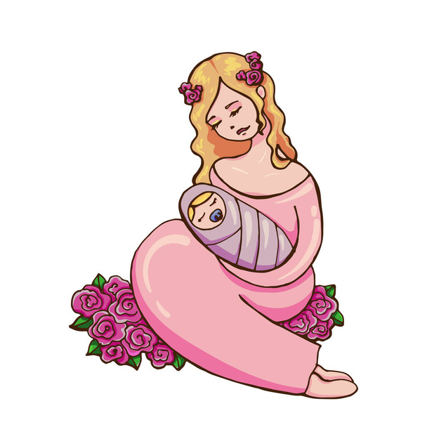 Μια λεπτή διανυσματική απεικόνιση της ελκυστική νεαρή ξανθιά γυναίκα αγκαλιάζει μαύρο νεογέννητο μωρό ύπνου της - Διάνυσμα, εικόνα