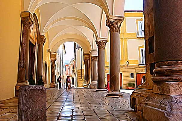 Digital color painting style that represents the portico of an ancient church in a historic center on the outskirts of Naples - Photo, Image