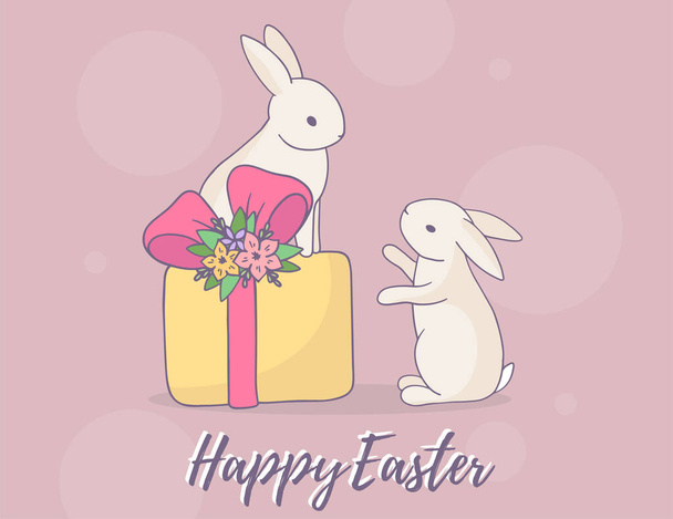 Vector easter illustration with two rabbit and gift box with flower on pink background. Spring holiday celebration line art design for web, site, greeting card, poster, print - Διάνυσμα, εικόνα