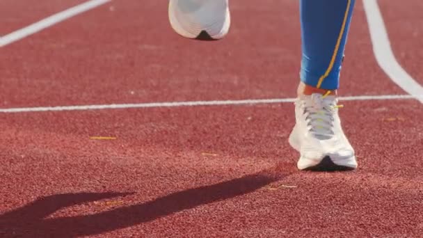 piernas de un atleta atleta que se calienta antes de comenzar a rebotar en la cinta de correr. - Imágenes, Vídeo