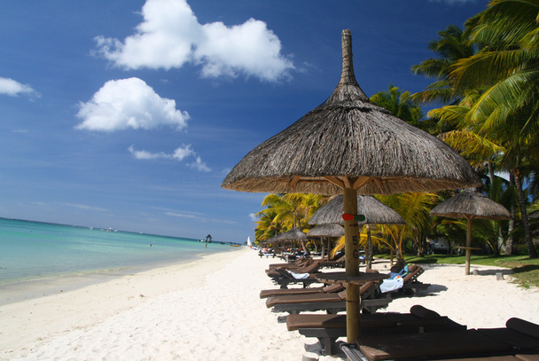 ομπρέλα με ξαπλώστρες στην τροπική παραλία - Φωτογραφία, εικόνα