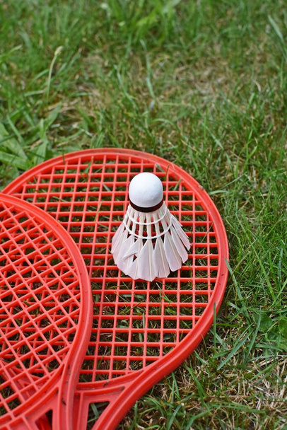 бадмінтонні ракетки і човник на зеленій траві
 - Фото, зображення