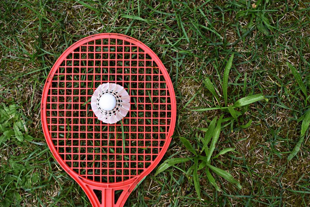 badminton rackets and shuttlecock on green grass - Photo, image