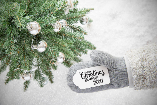 Gray Glove, Tree, Silver Ball, Merry Christmas And Happy 2021, Snowflakes - 写真・画像