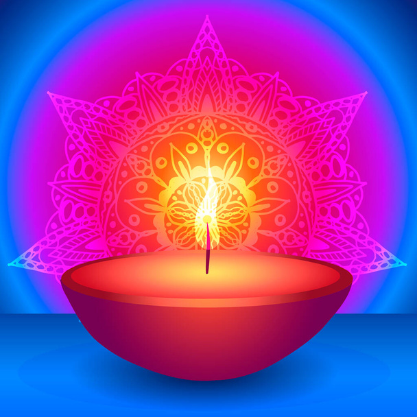 Diwali lamp glowing on a multicolored background - Вектор,изображение