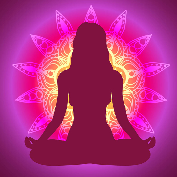 yoga woman in the Lotus position on the dawn mandala - Вектор,изображение