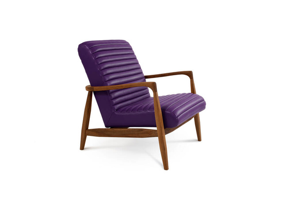 Фиолетовое роскошное классическое кожаное кресло с деревянными ножками на белом фоне. Серия мебели - Фото, изображение