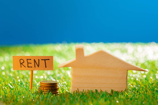 Wooden toy house with rent sign on grass - Photo, Image