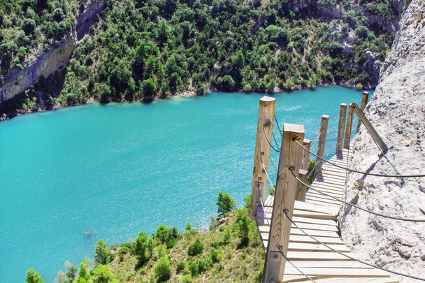 Vista sul lago blu In montagna, foresta verde e scala in legno, Congost De Mont Rebei, Lleida, Spagna - Foto, immagini