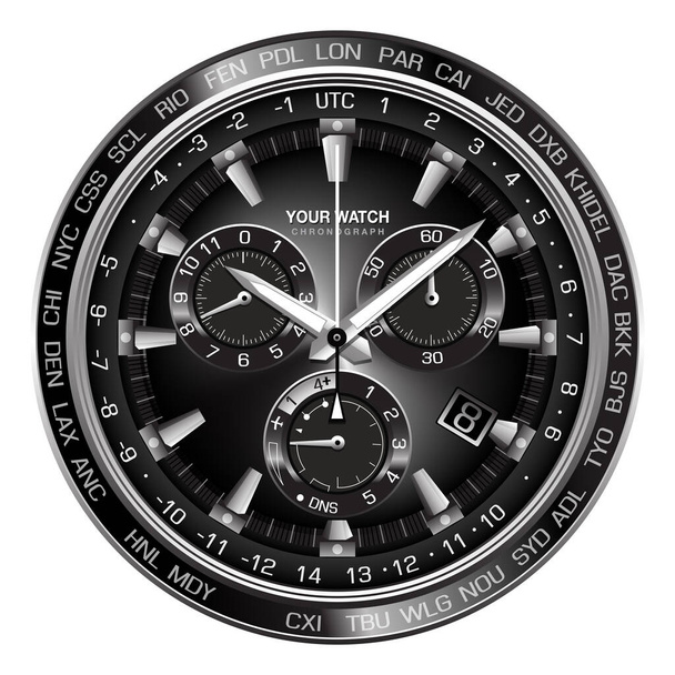 Realistické stříbrné černé ocelové hodiny hodinky chronograf palubní deska tvář na bílém pozadí design luxus pro muže vektorové ilustrace. - Vektor, obrázek