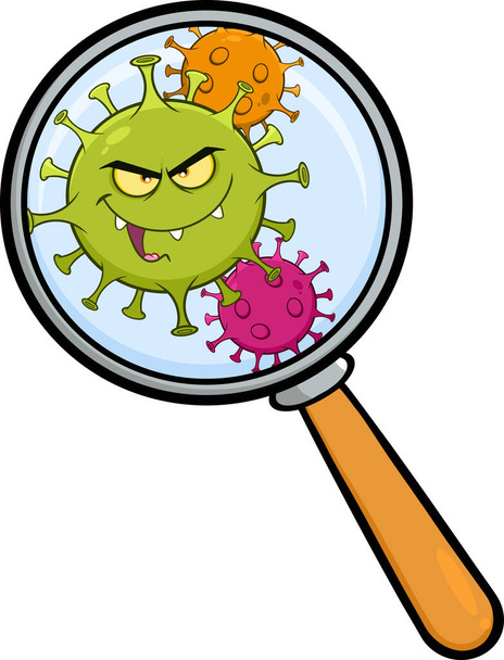 Koronawirus (COVID-19) Postać z kreskówki patogennych bakterii pod szkłem powiększającym. Ilustracja wektora izolowana na białym tle - Wektor, obraz