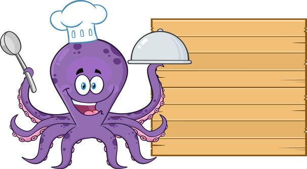 Chobotnicový šéfkuchař Cartoon Charakter Podává jídlo dřevěné prázdné palubě. Izolovaná vektorová ilustrace na bílém pozadí - Vektor, obrázek