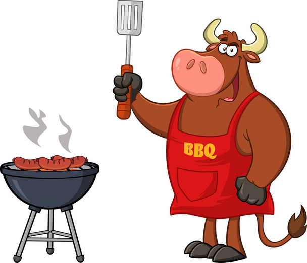 Bull Chef 'in maskot karakteri Spatula' yı Barbekü Tarafından Tutuldu. Vektör Resimleri Beyaz Arkaplanda İzole Edildi - Vektör, Görsel